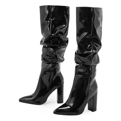 (black, 42) Eilyken Sexy Street Designer Pointed Toe Knee-high Boot Woman Fashion Patent Leather