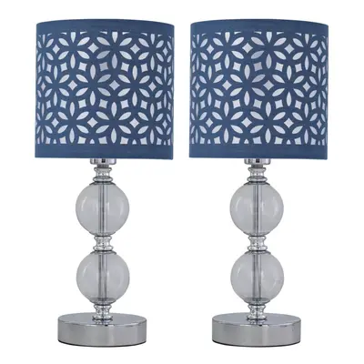 Set of Chrome Two Ball Table Lamps with Navy Blue Cut Out Shades