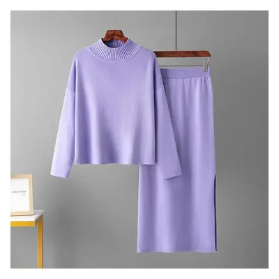 (purple, One Size) Women&apos;s Autumn Loose Fashion Two Piece Set Sweater Solid Color All Match