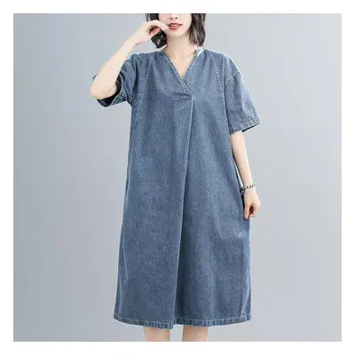 (blue, M) Dimanaf Women New Summer Dress Denim Short Sleeve Dress V-neck Elegant Long Dress Loos