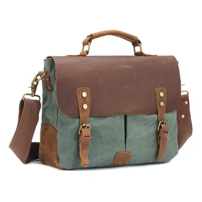 (green) Luxury Briefcase Shoulder Crossbody Military Canvas + Genuine Leather Messenger Patchwor