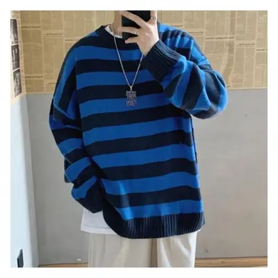 (blue,black, 2XL) New Autumn Winter Casual Loose Sweater Pullovers Striped Jumper Warm Sweaters