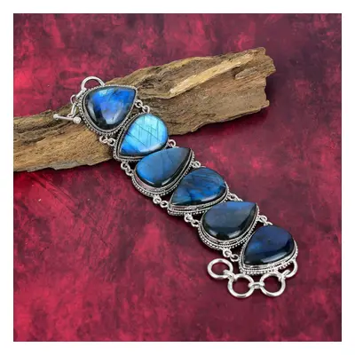 (blue, Inches With Adjustable) Labradorite Solid Sterling Silver Bracelet Jewelry For Her, Handm