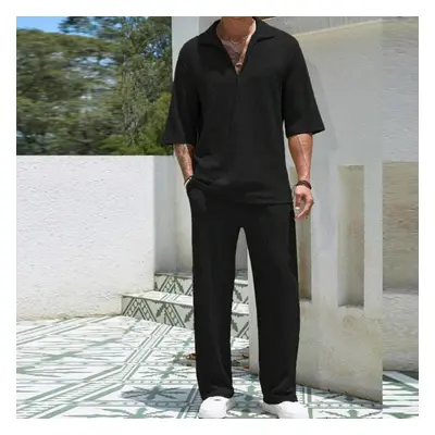 (black, L) Spring Summer Casual Cotton Shirts And Pants Suits Men Vintage Half Sleeve Irregular 