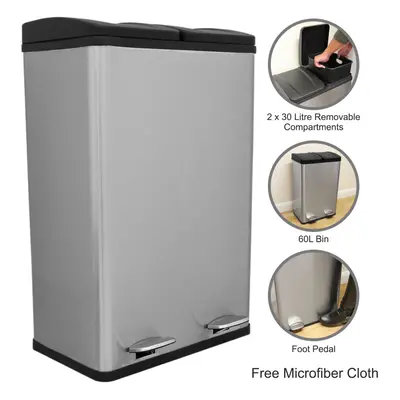 (Silver) Large Double Pedal Bin 60L Dual Rubbish Recycling Waste Dustbin