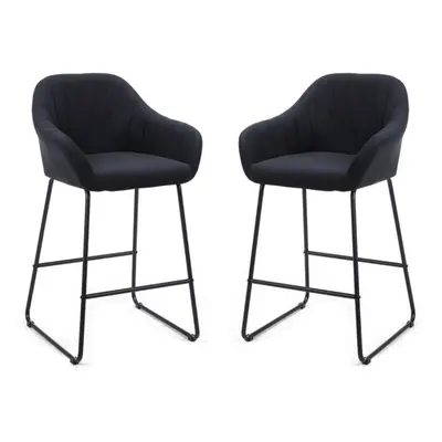 Set of MAGALUF Black Velvet High Bar Stools, Fixed Height With Footrest