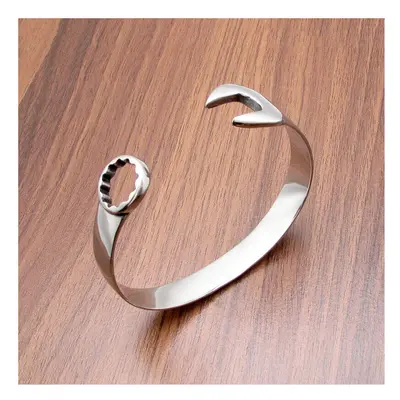 Punk Silver Stainless Steel Mechanical Intaglio Single Head Wrench Bangle Wristband For Men's Gi