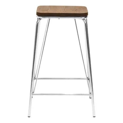 Sleek Chrome Metal and Elm Wood Stool, Sturdy And Reliable Large Square Stool, Wooden Bar Stool 