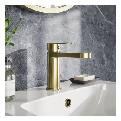 Round Mono Bathroom Basin Mixer Tap & Push Button Waste - Brushed Brass