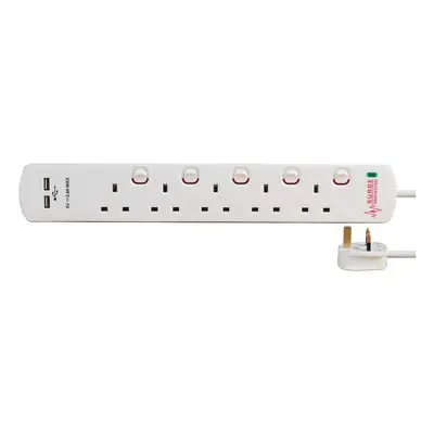 Pro Elec 8518SU SURGE Gang USB Surge Protected Extension Lead, 2m Length, White