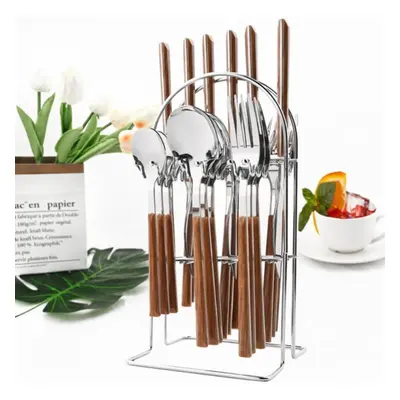 (C-brown & silver) 24pcs Natural Bamboo Handle Cutlery Set Stainless Steel Family Dinnerware Fla