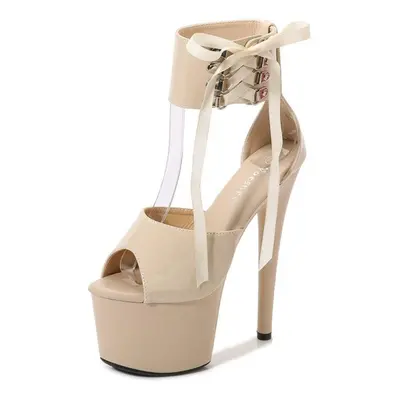 (nude, 37) Ultra High Heels Platform Leather Sandals 16.5cm Sexy High Heels Stiletto Waterproof 