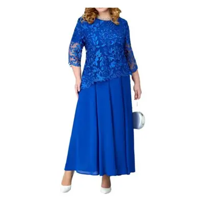 (blue, 4XL) Women Dress Flower Embroidery See-through Lace Three Quarter Sleeve O Neck Fake Two-