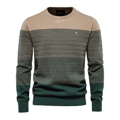 (khaki, 3XL kg) Aiopeson Brand Cotton Sweater Men Fashion Casual O-neck Striped Pullovers Knitte