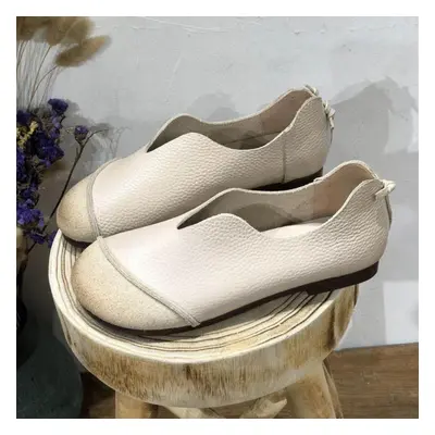 (ivory, 35) Johnature Retro Genuine Leather Women Soft Sole Flats Shoes Handmade Casual Shallow 