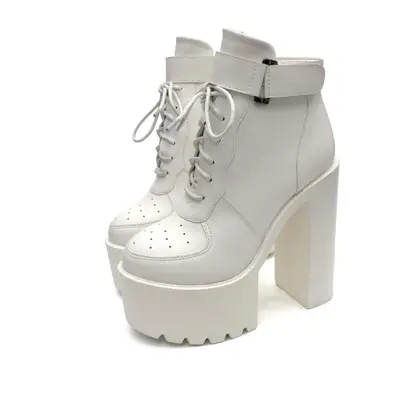 (white, 38) Fashion Black Platform Boots Women Zipper Autumn High Heels Shoes Lace Up Ankle Boot