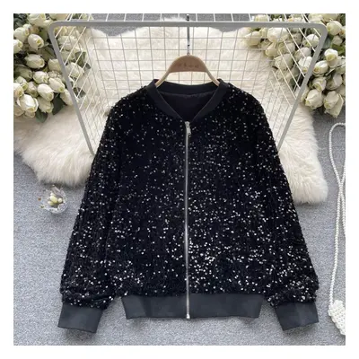 (black, One Size) Autumn And Winter New Heavy-duty Design Sense Sequins Zipper Loose And Versati