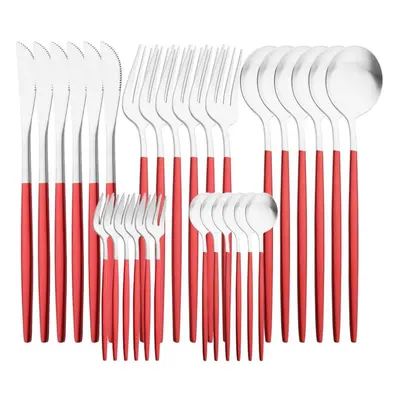 (red,silver) 30pcs White Gold Cutlery Set Matte Dinnerware Knife Fork Spoons Stainless Steel Sil