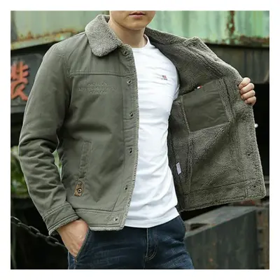 (army green, L) Winter Mens Jacket Large Size Plus Velvet Thick Cotton Coat Men Warm Tooling Jac