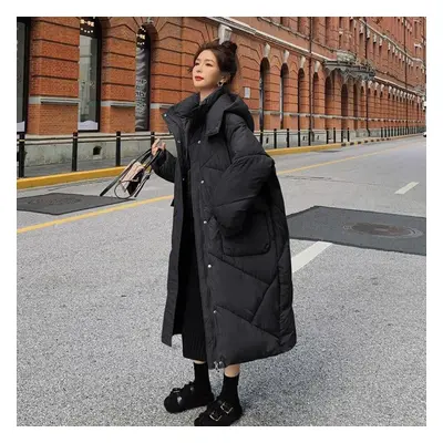 (black, L) Winter Cotton Padded Long Parkas With Hooded Oversized Thick Warm Woman Jackets Pocke