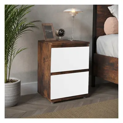 (Rustic Brown Carcass + White Drawers) Drawer Wooden Bedside Cabinet No Handle Drawer Storage