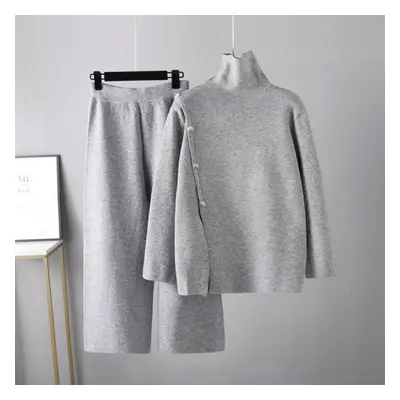 (gray, OneSize) Women&apos;s Design Sense High Neck Solid Color Split Knitted Sweater Winter Wid