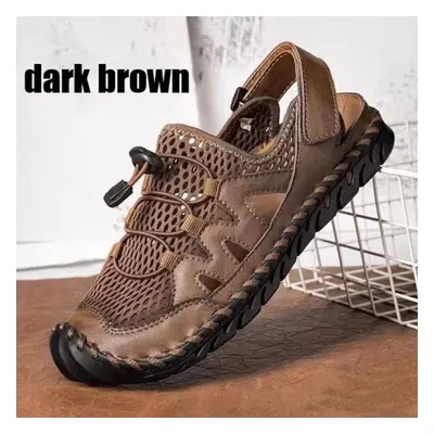 (dark brown, 41) Breathable Mesh Sandals For Men Summer Casual Beach Sandals Genuine Cowhide Fla