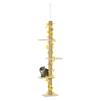 PawHut 242cm Adjustable Floor-To-Ceiling Cat Tower w/ Anti-Slip Kit - Yellow