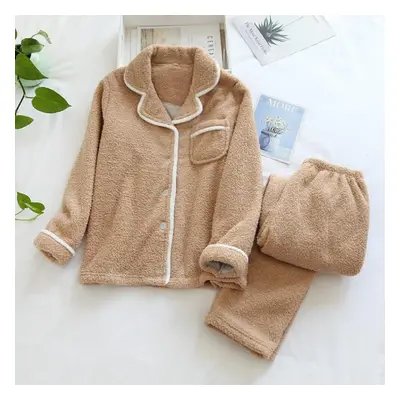 (khaki, L) Japanese Style Autumn And Winter New Ladies Plus Size Sheep Wool Warm Pajamas Suit Sh