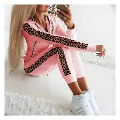 (pink, 5XL) Fall And Winter New Women&apos;s Leopard Print Zipper Sweater Pants Plus Size Suit