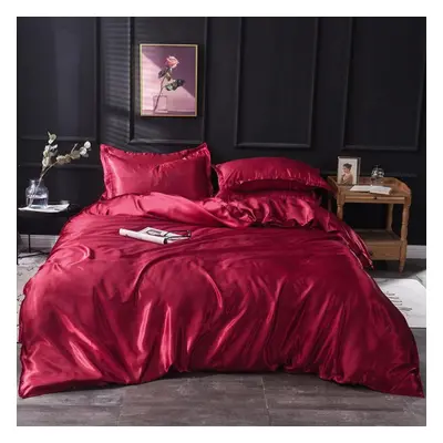 (wine red, King Size pcs) Mulberry Silk Bedding Set With Duvet Cover Fitted/flat Bed Sheet Pillo