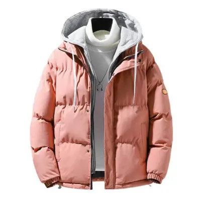 (pink, XL) Men Autumn Winter Hooded Long Sleeve Coat Fake Two Pieces Pockets Zipper Placket Jack