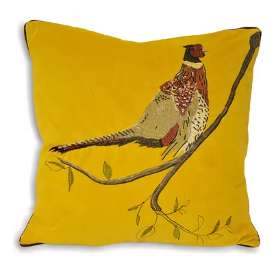 Riva Paoletti Hunter Velvet Cushion Cover - Mustard Yellow - Embroidered Pheasant Design - Velve