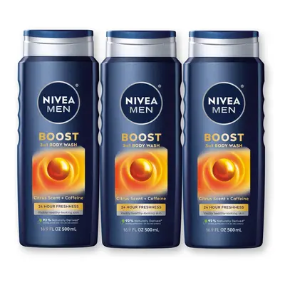 NIVEA MEN Boost 3-in-1 Body Wash, Citrus Scent and Caffeine Enriched Men's Body Wash Cleanses Fa