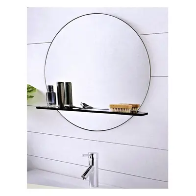 Black Round Bathroom Mirror With Cosmetics Shelf Wall Mounted Metal Frame