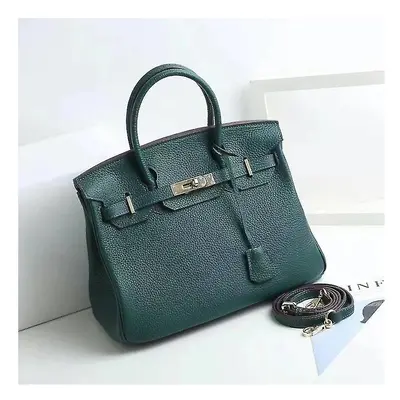 (Dark green, 25*19*13cm) Ladies Women Leather Handbag Birkin First Layer Cowhide Leather Tote Ba