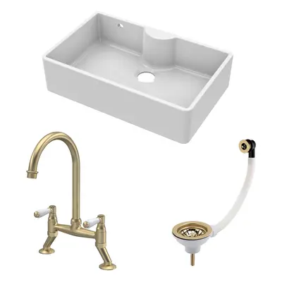 Fireclay Kitchen Bundle - Single Bowl Butler Sink with Overflow & Ledge, Waste & Lever Tap, 795m