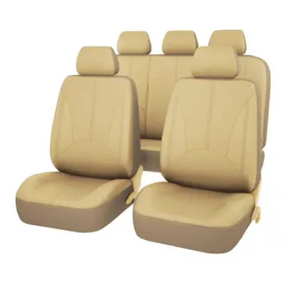 (beige, B(As in the picture)) Seametal 9pcs Car Seat Covers Universal Breathable Leather Seat Pr