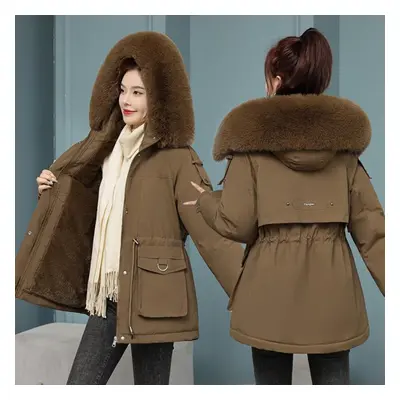 (coffee, L) Women Autumn Winter Solid Color Long Sleeve Drawstring Fur Collar Pockect Warm Coat 