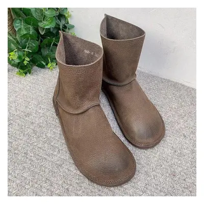 (coffee, 38) Johnature Vintage Handmade Genuine Leather Short Boots Solid Color Soft Cowhide Ver