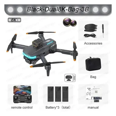 (Dual 8K 3B, Black) P14 Max Drone 8K HD GPS Professional UAV Intelligent Obstacle Avoidance Fold