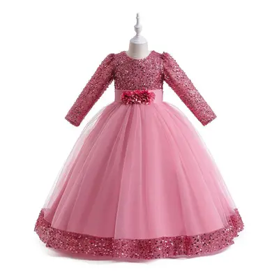 (dark pink, 170CM) Summer Sequin Christmas Kids Party Dresses For Girls Bridemaid Costume Long S