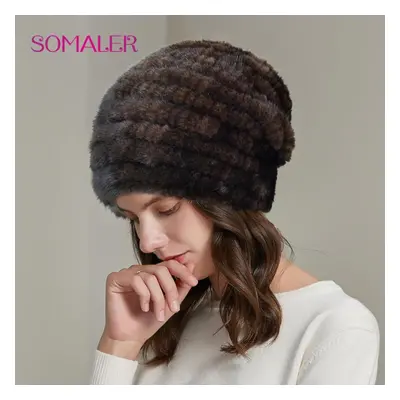 (dark brown) Somaler Winter Mink Fur Hats For Women Warm Loose Casual Girls Slouchy Beanie For C