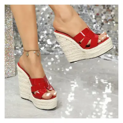 (red, 39) Sexy New Straw Knitted Simple Hentian High Slope Heel Waterproof Platform Car Model Sl