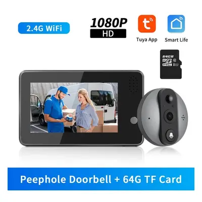 (64G doorbell) 4.3 Inch 1080p Tuya Wifi Peephole Doorbell Camera Smart Home Night Pir Motion Det