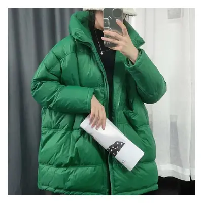 (green, S) Down Jacket Women&apos;s Long Hooded Oversized Loose Korean Version Thick White Duck 