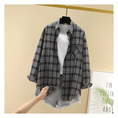 (black, 2XL) Women&apos;s Long-sleeve Retro Korean Plaid Shirt â Loose, Spring Style