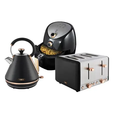 Tower Cavaletto Kitchen Set, 1.7L Pyramid Kettle & Slice Toaster & 4.3L Air Fryer, Black & Rose 