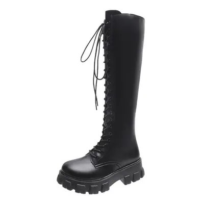 (black, 39) Winter Knee-high Boots Women&apos;s Black Punk Leather Combat Boots Gothic Shoes