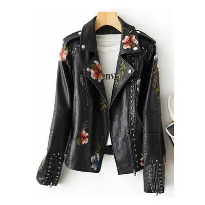 (black, XXL) New Women Retro Floral Print Embroidery Faux Soft Leather Jacket Coat Turndown Coll